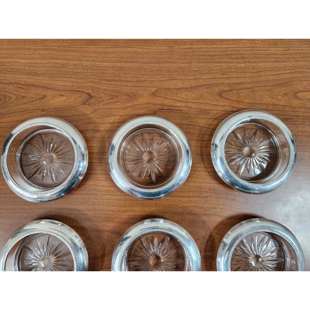 Vintage Set 6 Frank M. Whiting & Co Sterling Silver Glass Coasters #05 Starburst